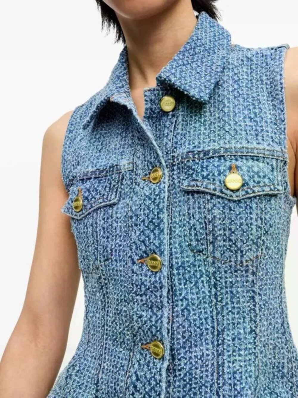 GANNI Blue Tweed Denim Top